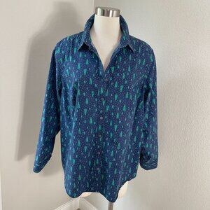 Lands End Womens Plus 20W No Iron Supima Cotton Shirt Holiday Christmas Tree Top